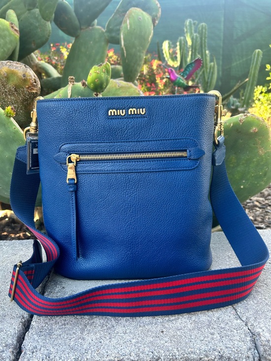 Miu Miu Handbags - Miu Miu Cobalt Blue Pebbled Leather Crossbody Bucket Bag with Striped Web Strap